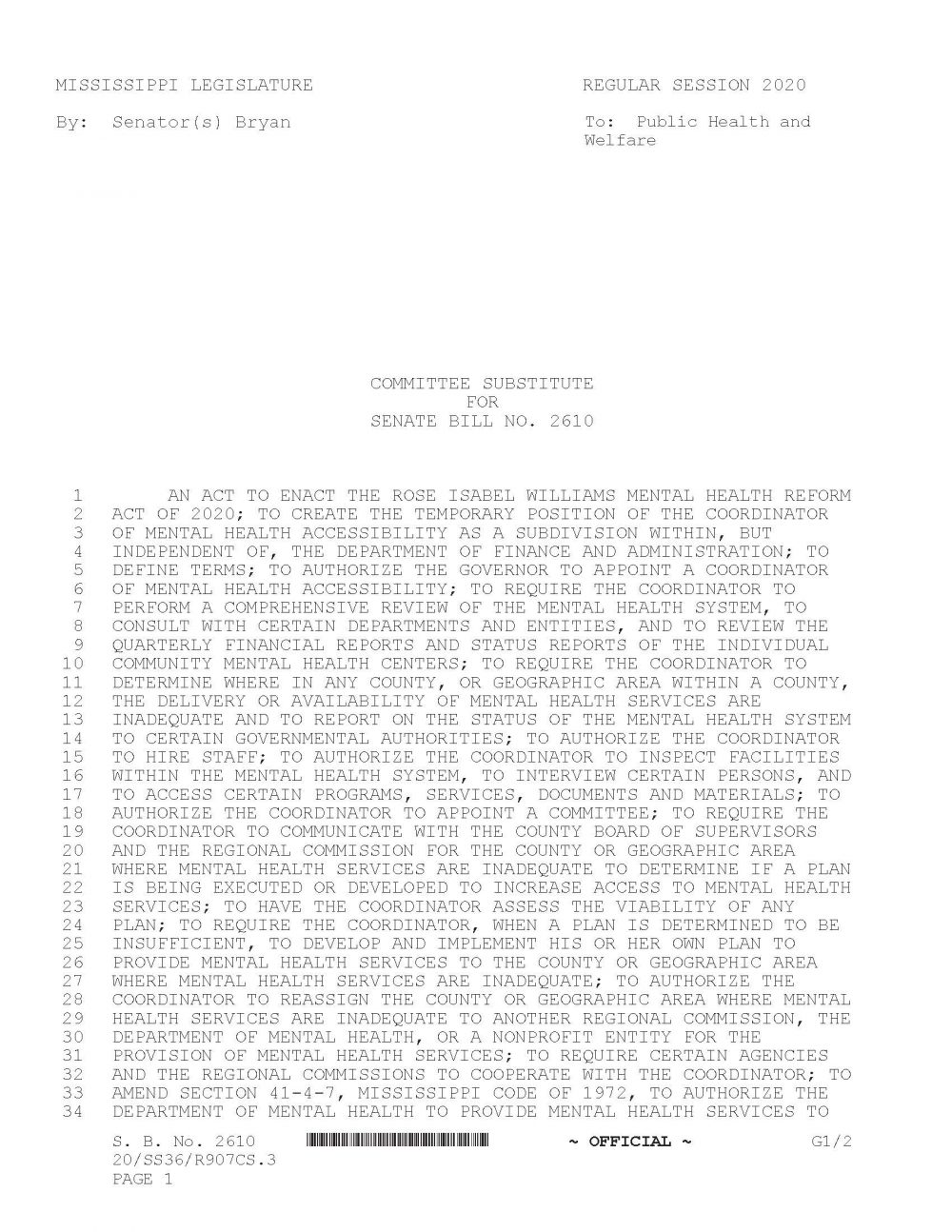 Read more about the article Senate Public Health and Welfare Committee Passes SB 2610-The Rose Isabel Williams Mental Health Reform Act of 2020