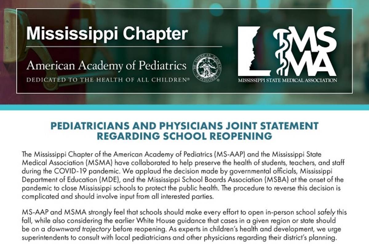 Read more about the article Mississippi Pediatricians and Physicians Make Joint Statement on School Reopening