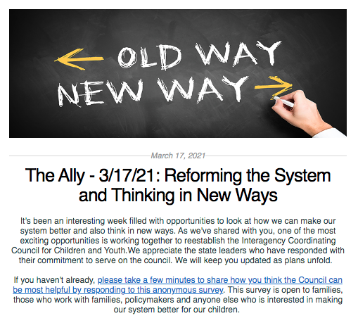 Screen shot from the Ally newsletter for March 17, 2021