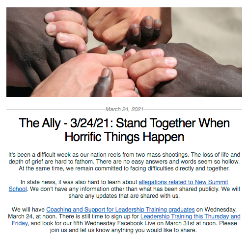 Screen shot from The Ally newsletter for March 24, 2021