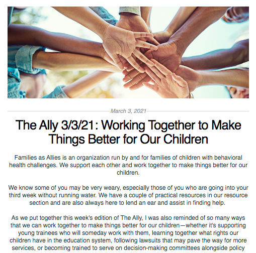 Screen shot from the Ally newsletter for March 3, 2021