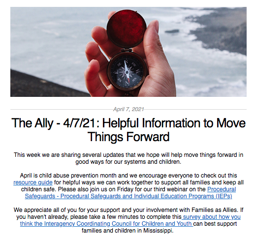 Screen shot from the Ally newsletter for April 7 2021