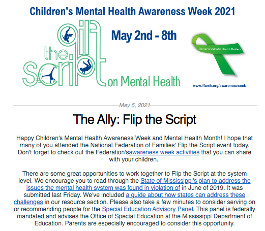 Screen shot from the Ally newsletter for May 5, 2021