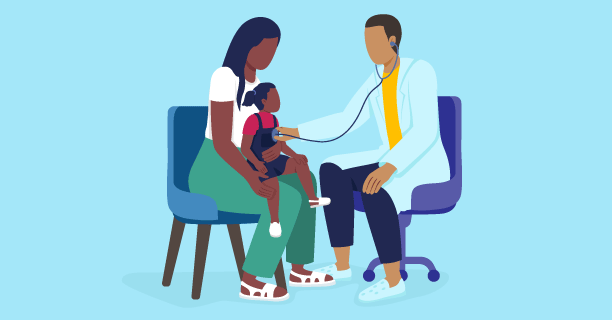 A graphic featuring a doctor holding a stethoscope on a child that is sitting in a woman's lap
