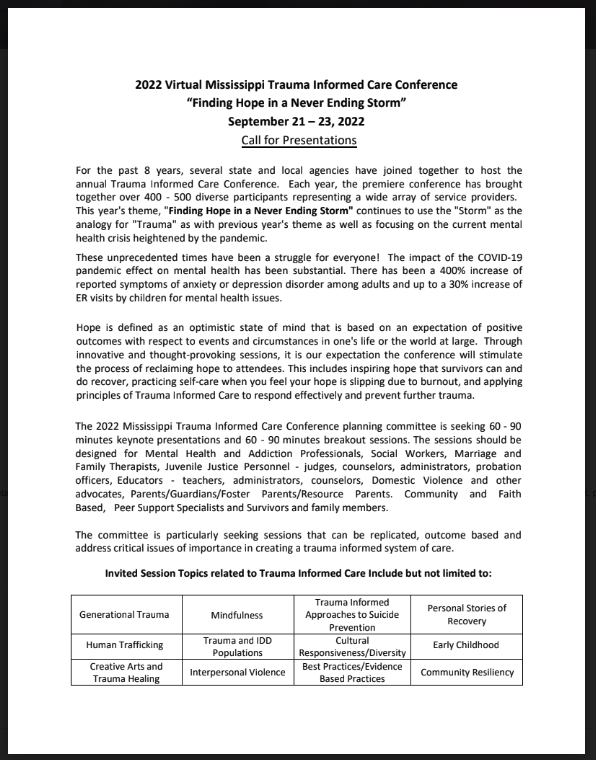 Call for Papers: 2022 Virtual Mississippi Trauma Informed Care Conference