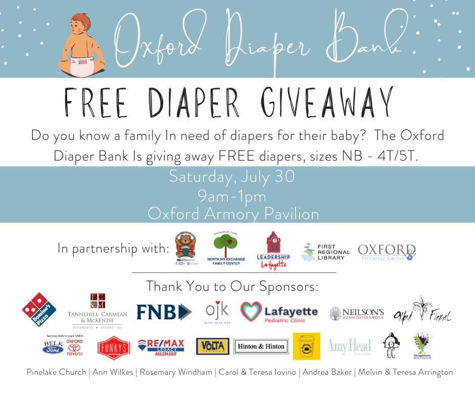 Blue and white flyer with a baby wearing only a diaper.