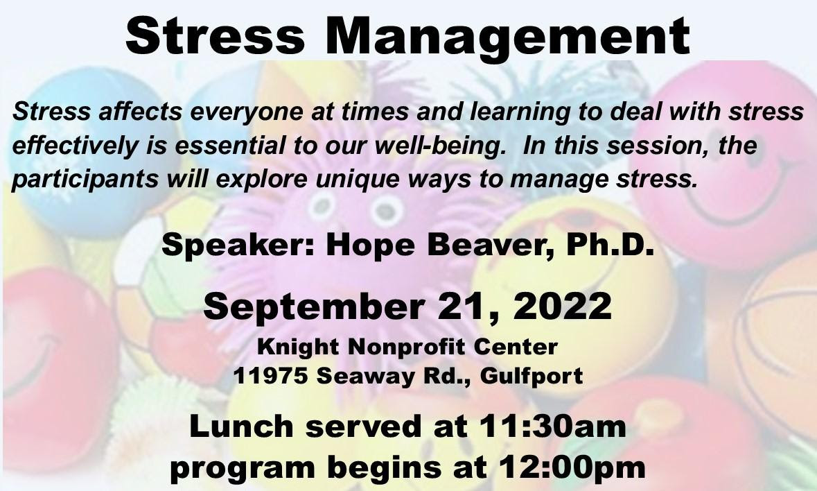 Stress Management flyer in black in white text over a translucent image of colorful balls