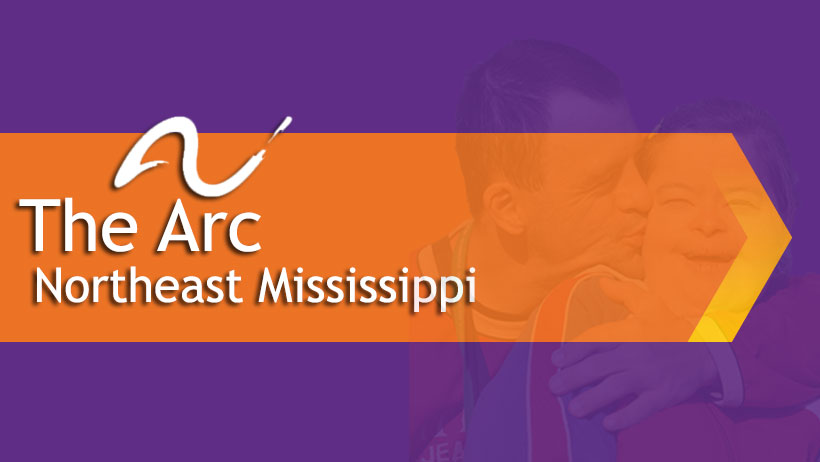 The Arc Northeast Mississippi logo on a purple background and an orange arrow