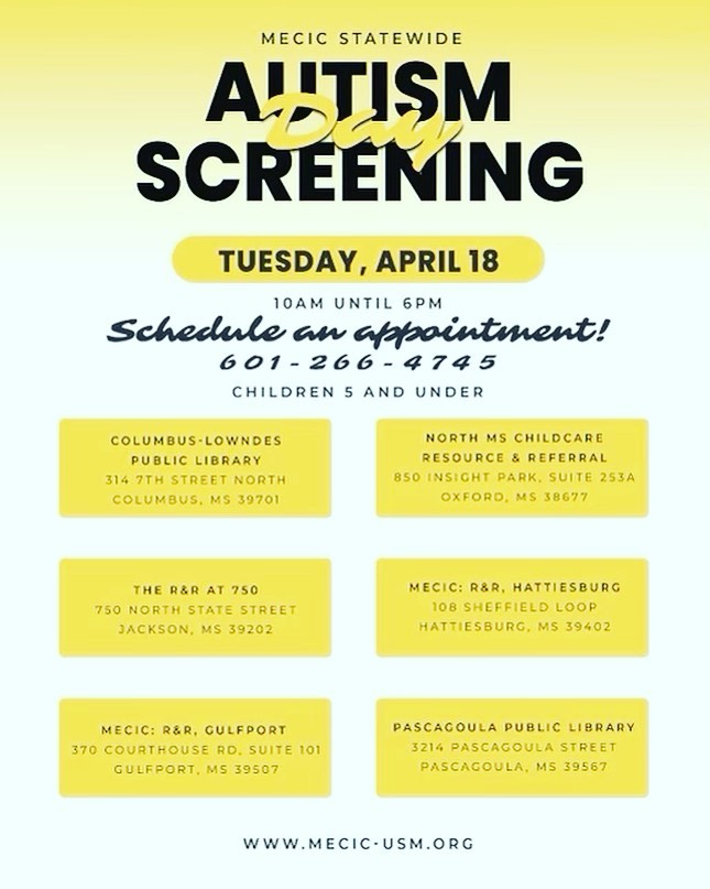 Autism Screen day, yellow and black flyer with each location listed.