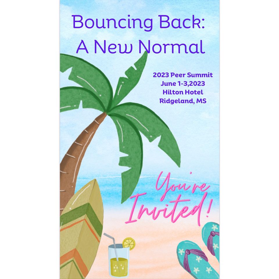 Bouncing Back Flyer with a graphic of a palm tree, flip flops and a surf board.