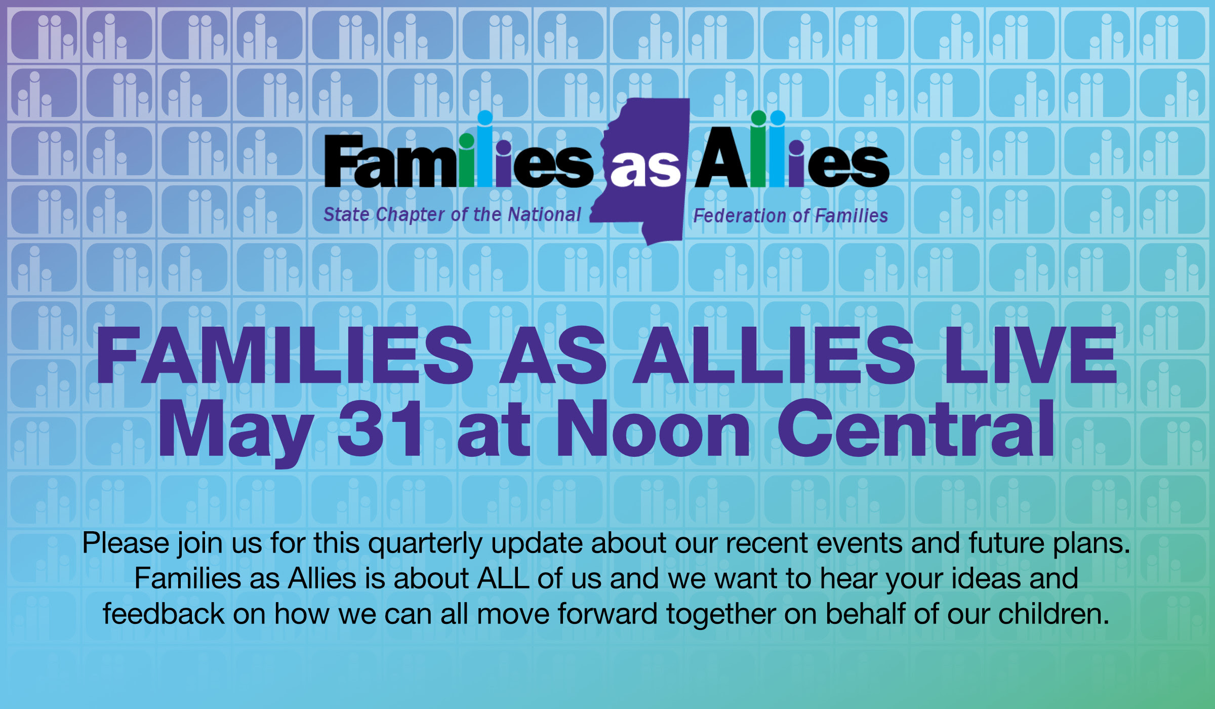 Families As Allies FB and Youtube live event flyer listing the details.