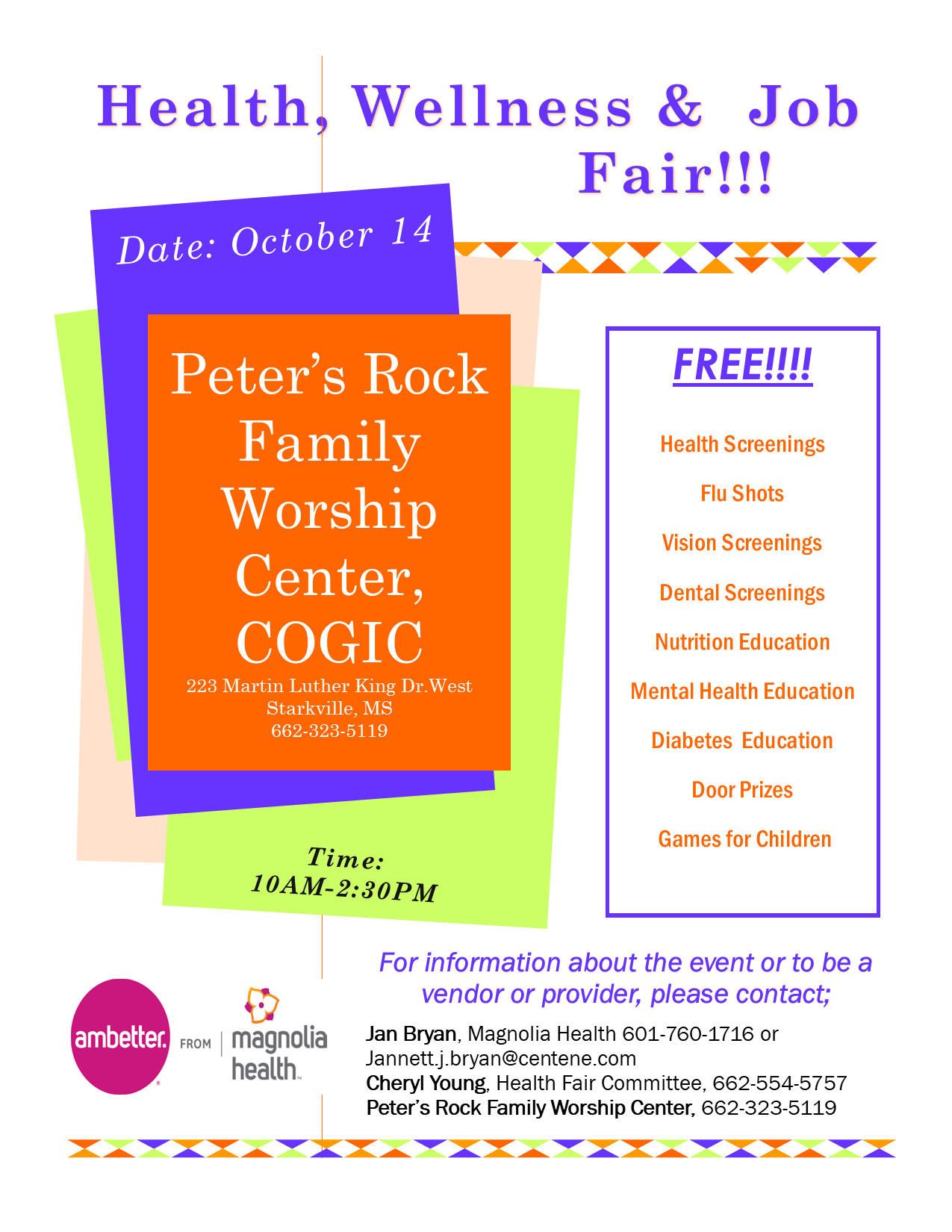 Peter’s Rock Family Worship Center, COGIC, Health, wellness and Job Fair.